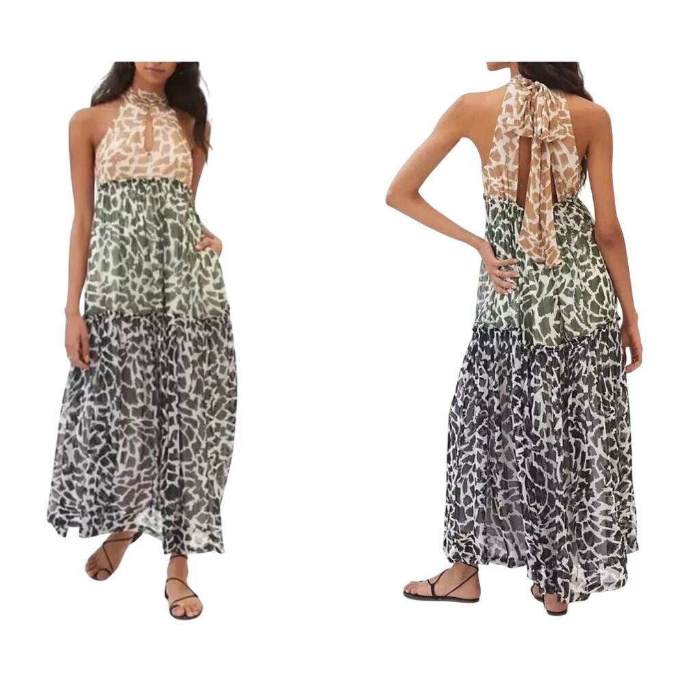 MAEVE Anthropologie Keyhole Halter Maxi Dress Tiered Abstract Bohemian Sz Medium
